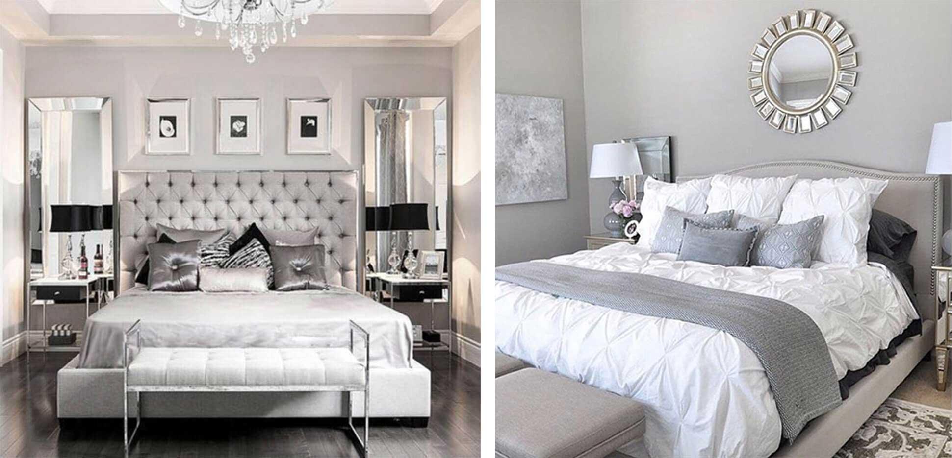 Grey bed with tufted headboard, dark silver pillows, side tables with chrome legs.
