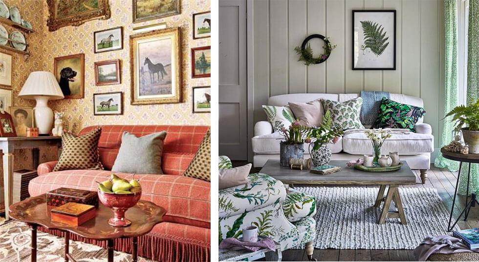 Country living rooms with animal motifs and botanical prints