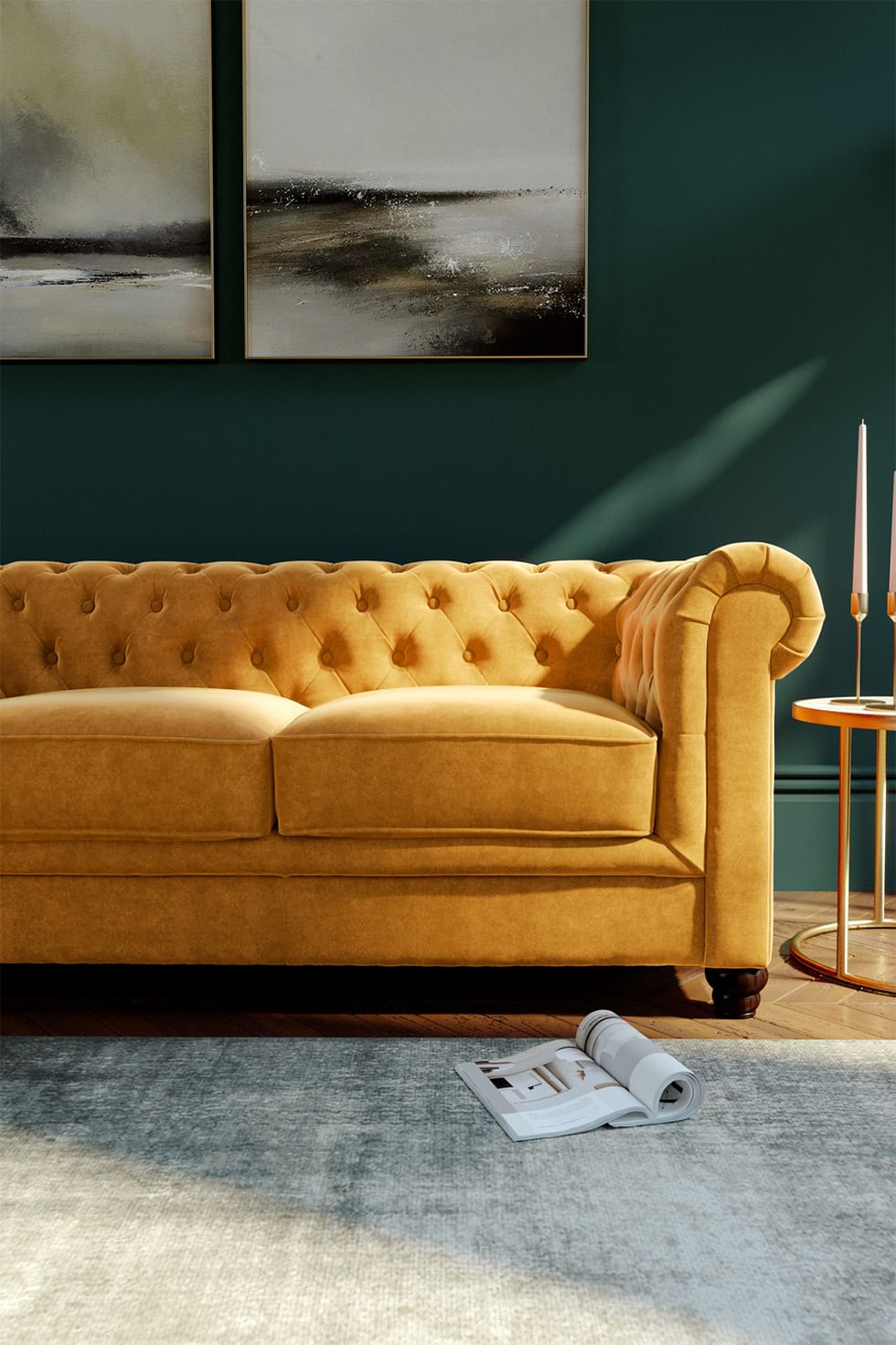 Dark green living room with mustard Chesterfield sofa