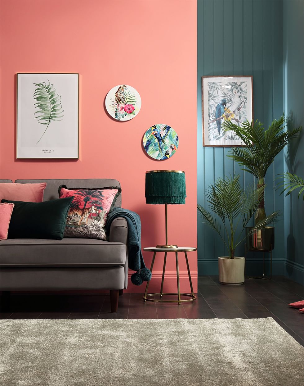 Warm green and coral pink living room
