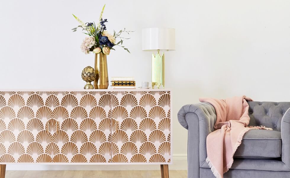 Living room with Art Deco-inspired sideboard and armchair