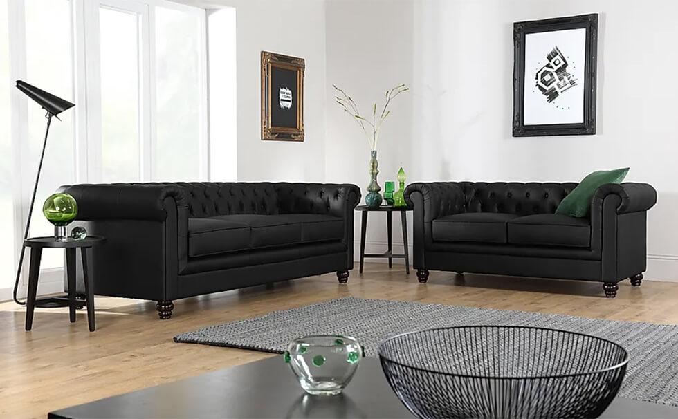 Furniture Choice Hampton black leather Chesterfield sofa set in a modern living room