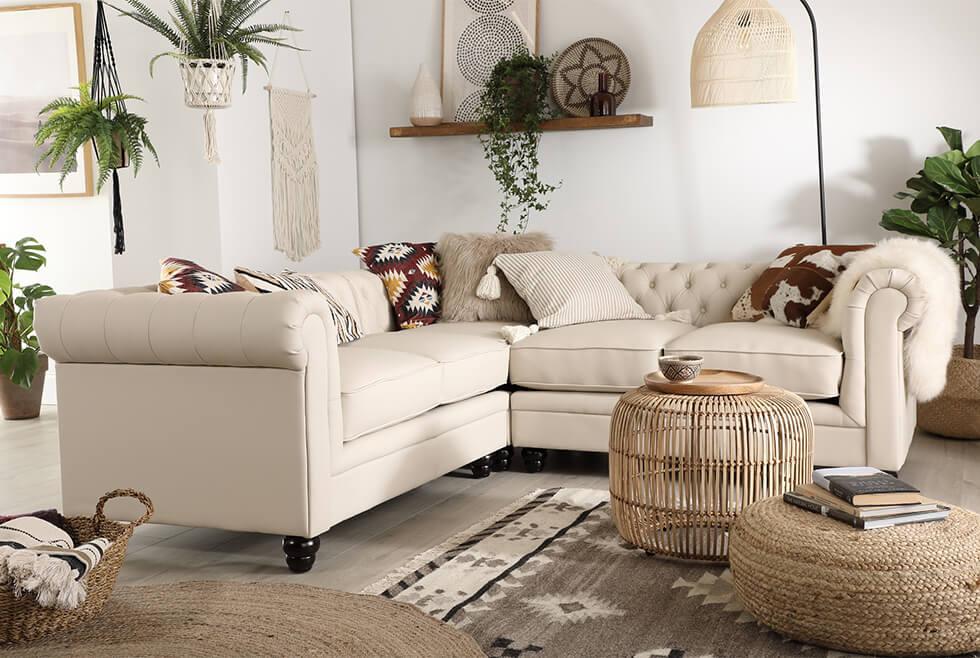 Furniture Choice oatmeal fabric Chesterfield corner sofa in a relaxed neutral bohemian living room