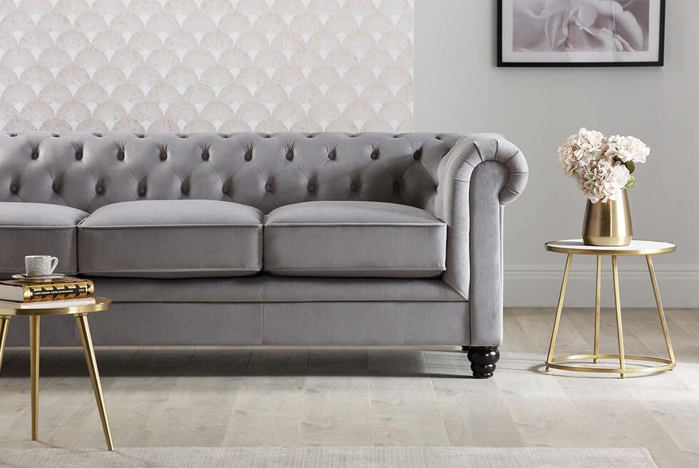 Furniture Choice Hampton grey velvet chesterfield sofa in a contemporary chic space