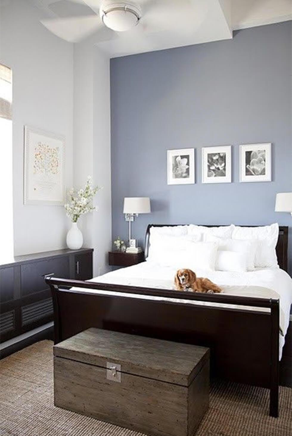 Pale blue bedroom with feature wall