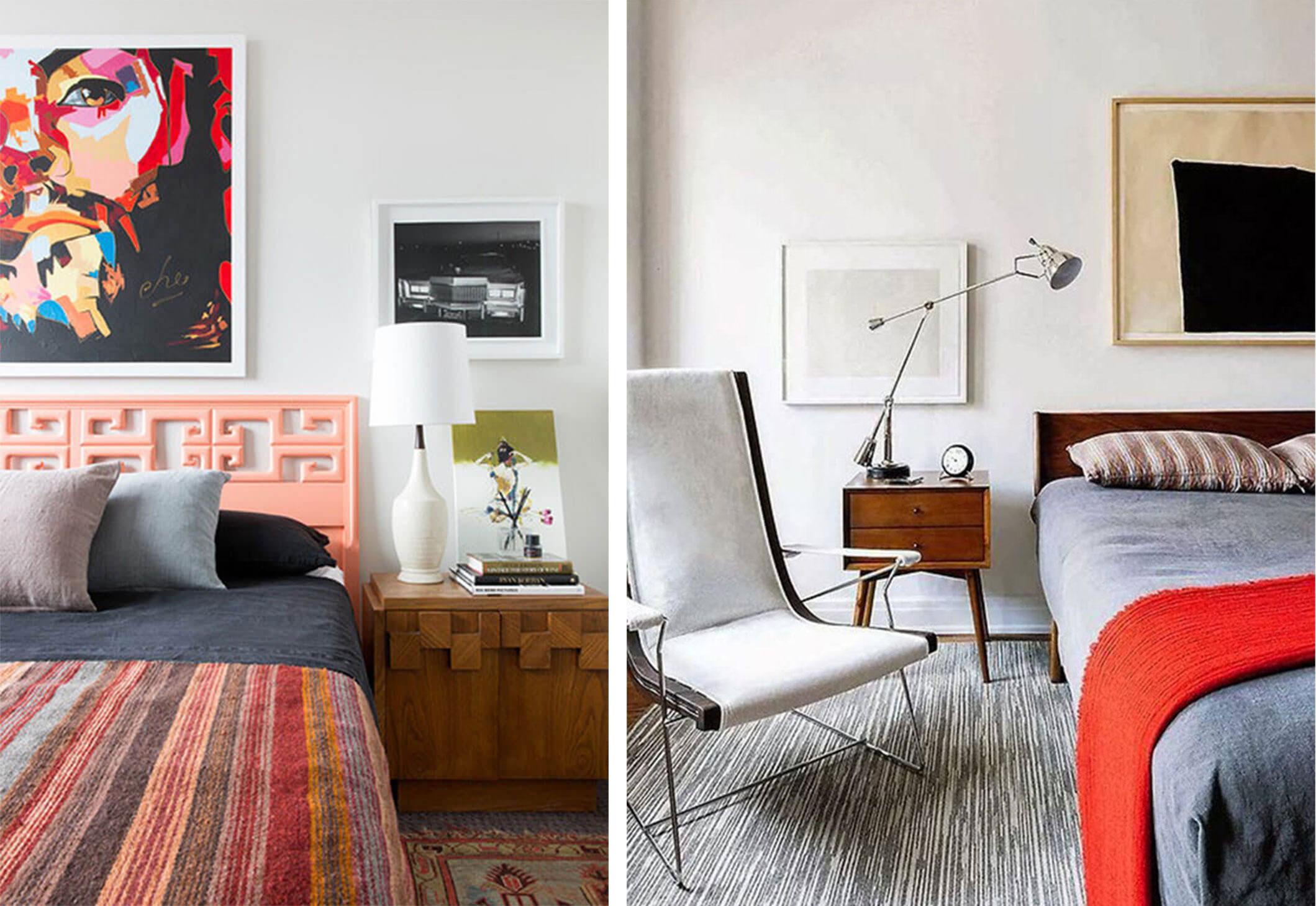 Mid-century bedroom with a coral headboard and patterned quilt