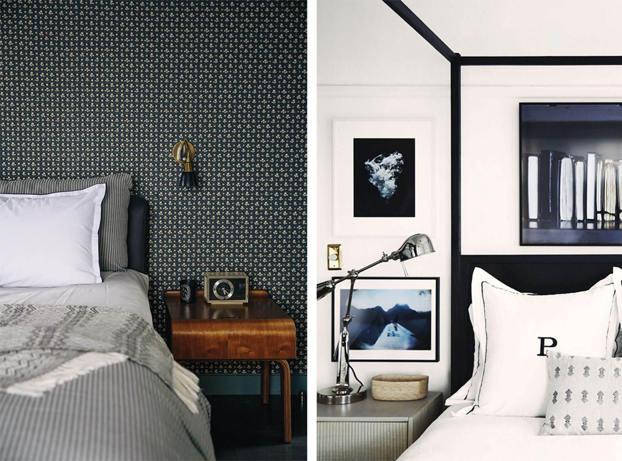 Modern bedroom with patterned wallpaper and metallic sconce