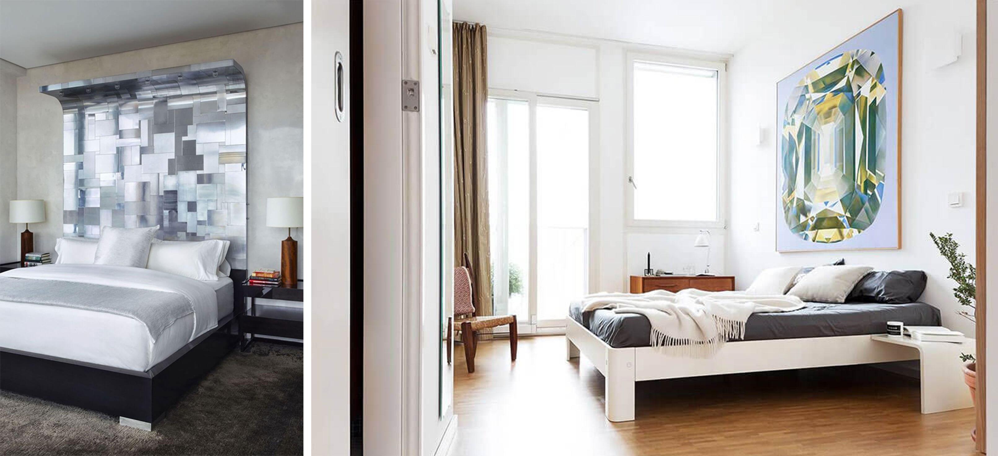 Bedroom with a statement curved silver marble headboard