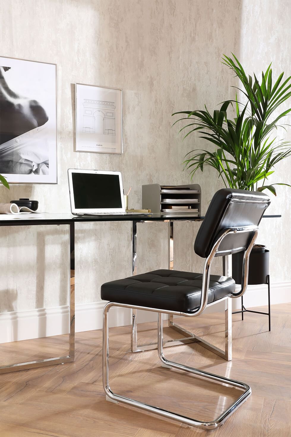 Working from home glass table and leather chair