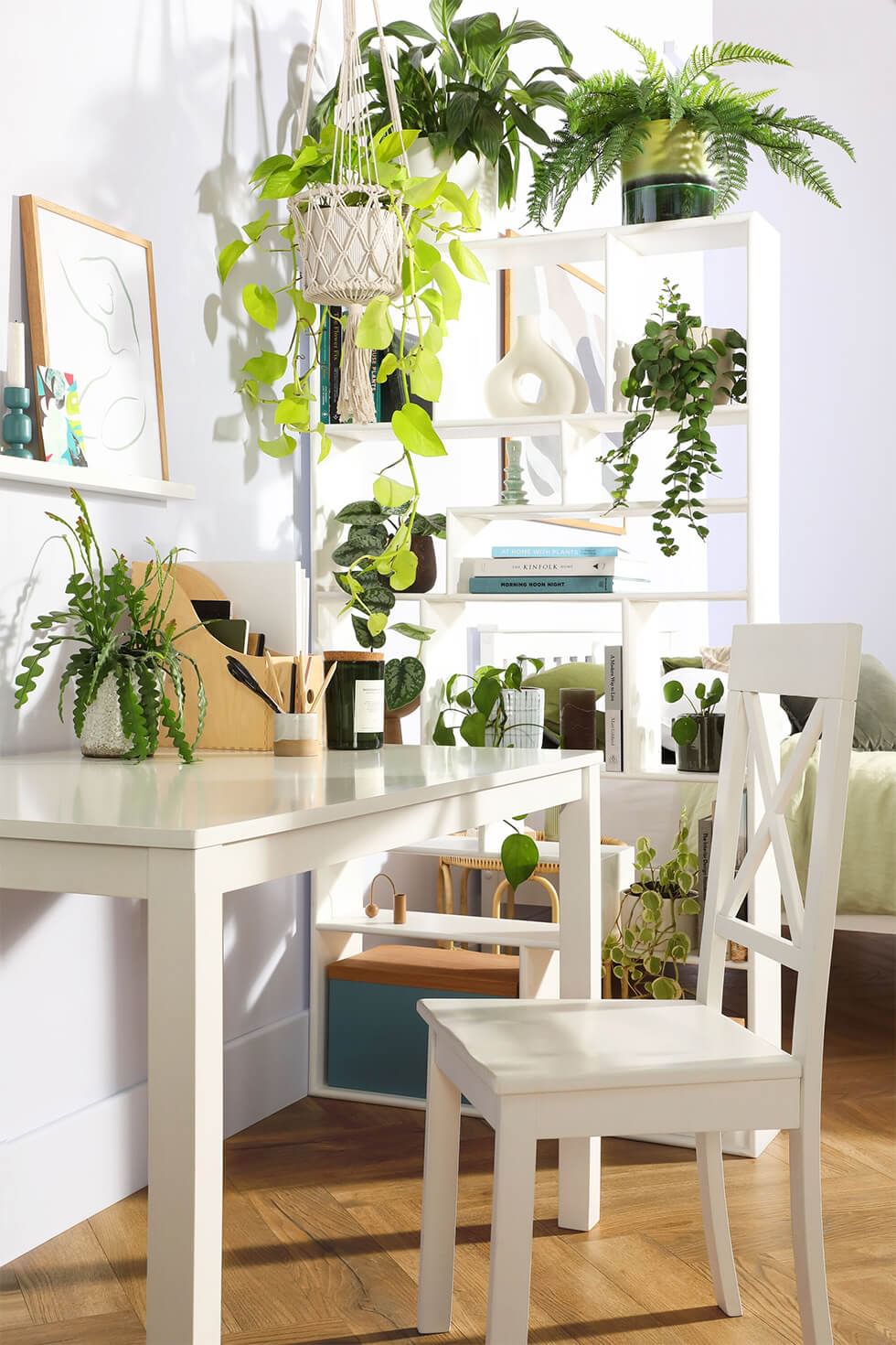 Work from home area with shelving and greenery