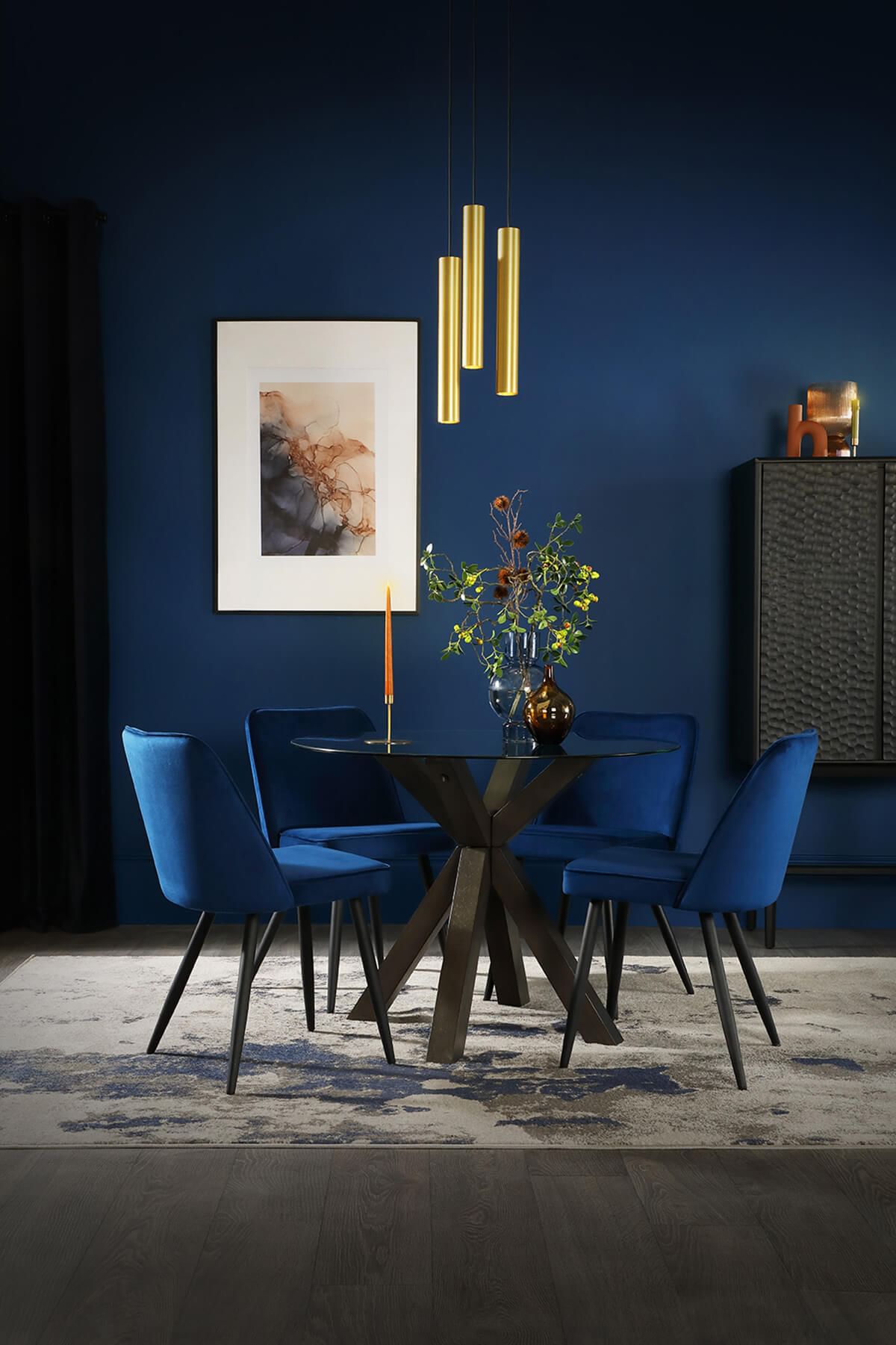Hatton Round Grey Wood and Glass Dining Table and Riva Blue Velvet Dining Chair - AW22 - A Cool Autumn