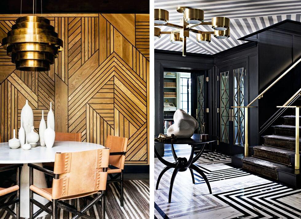 Dining room and living area with bold wall and ceiling details.