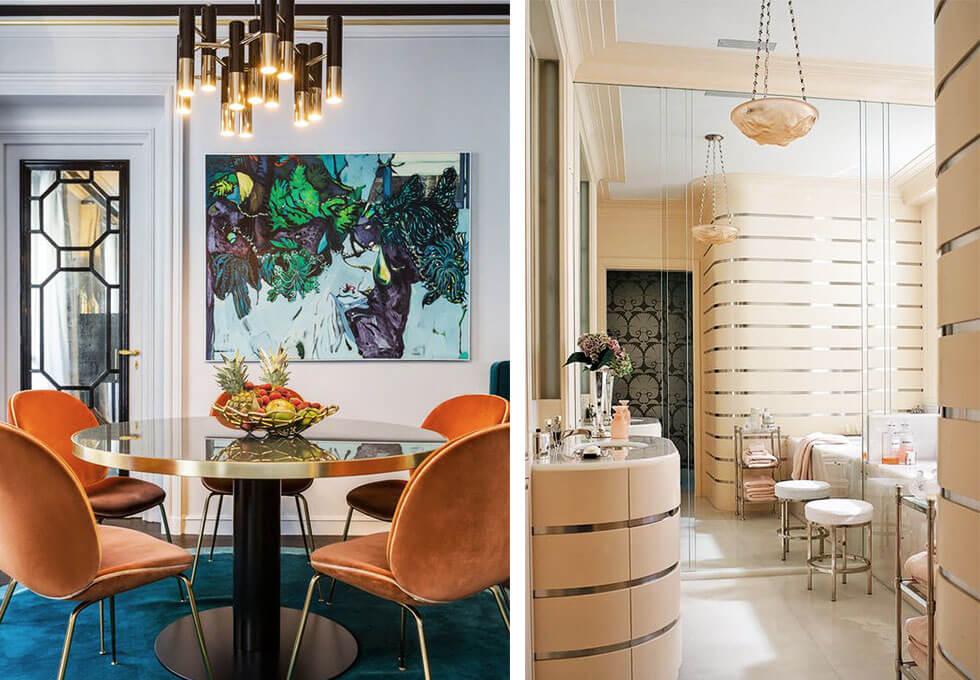 A shot of a vibrant dining room and a pastel peach bathroom.