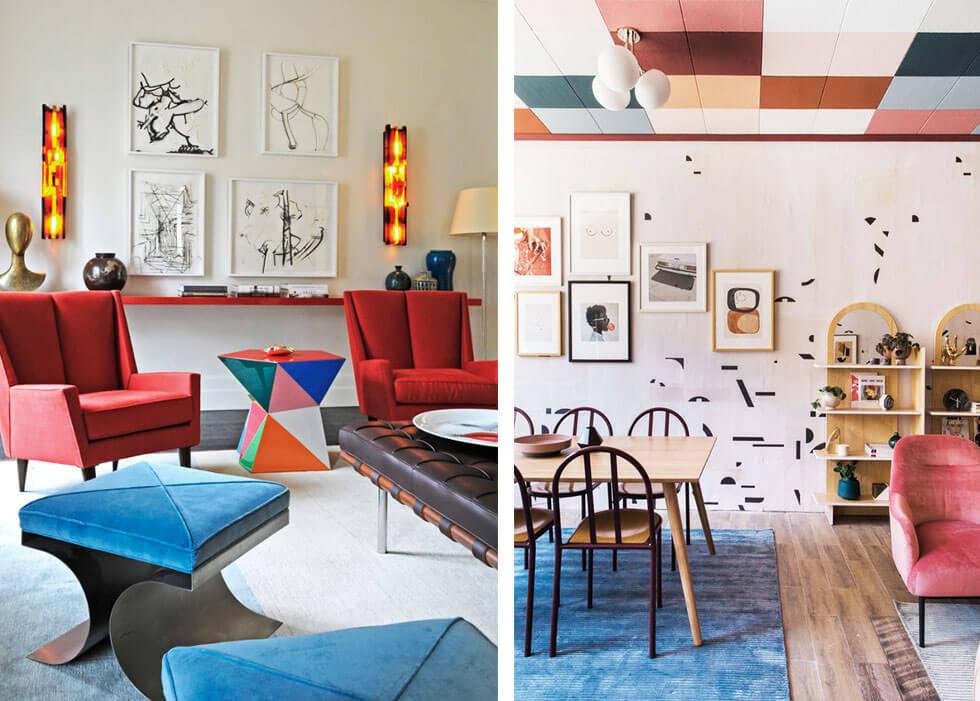 Colourful living spaces with retro furniture and a statement ceiling.