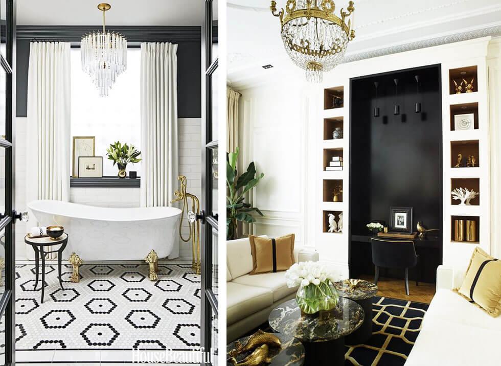 A monochrome bathroom and living room.