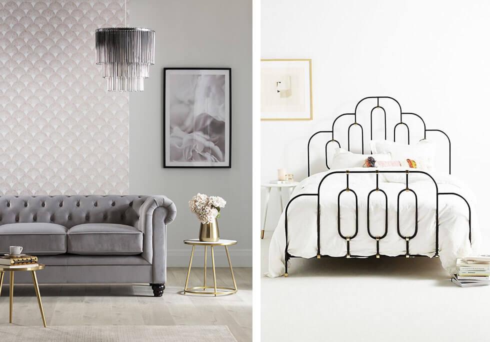 A modern Art Deco-inspired living room and bedroom.