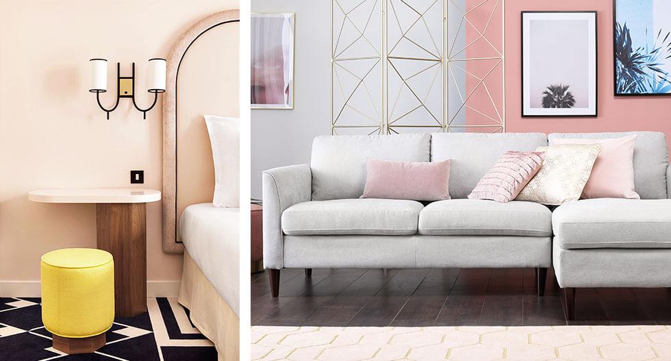 Collage of a modern pink bedroom and a pink and grey living room.