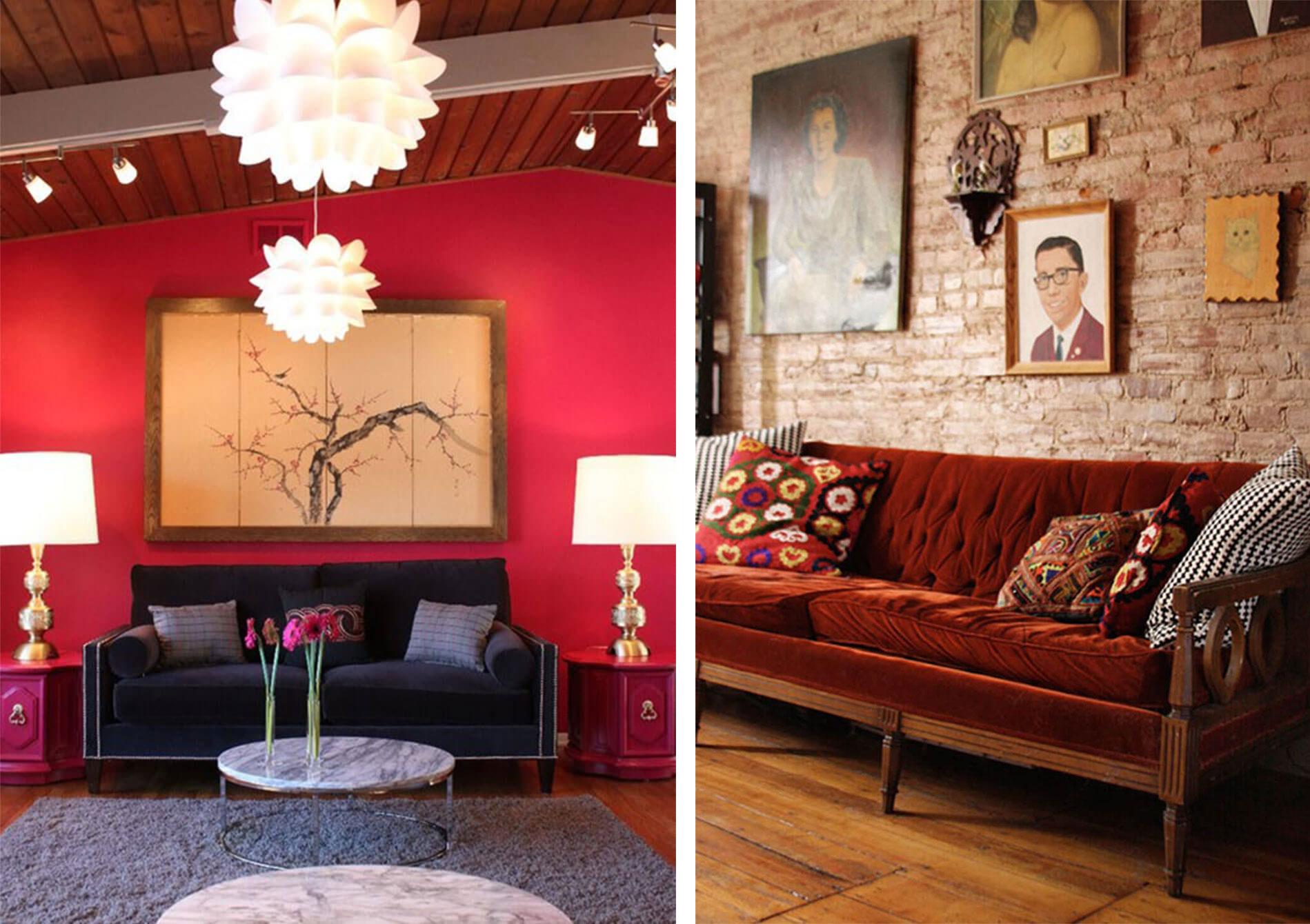 Red living room with feature wall, white lamps and a dark fabric sofa