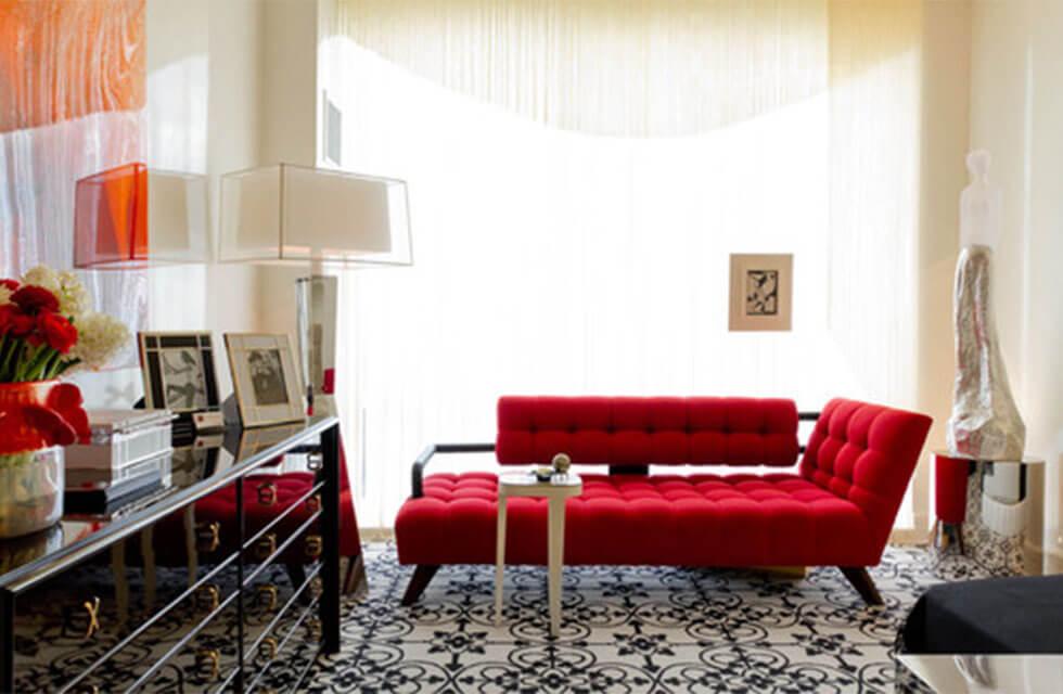 Contemporary living room with a modern red sofa