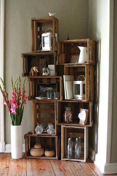 Rustic wooden shelves with assorted decorations.