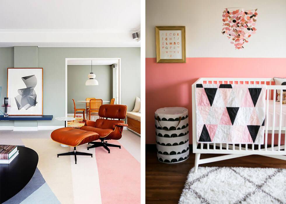 Geometric-style colour blocked prints at home.