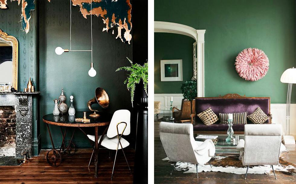 Collage of dark green rooms with wooden furniture and hints of pink and white.