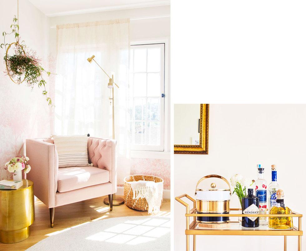 A pale pink armchair and gold side table.