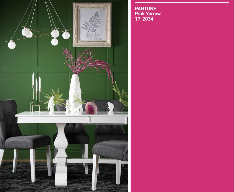 Collage of green room and pink Pantone swatch.