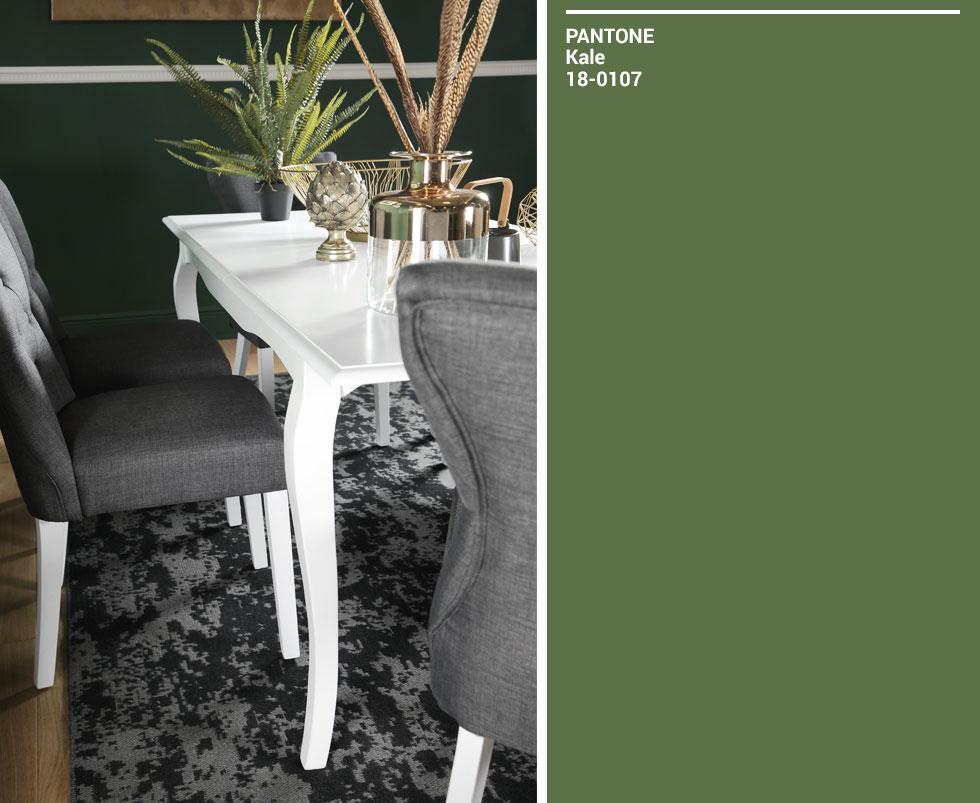 Collage of white dining set and green Pantone swatch.