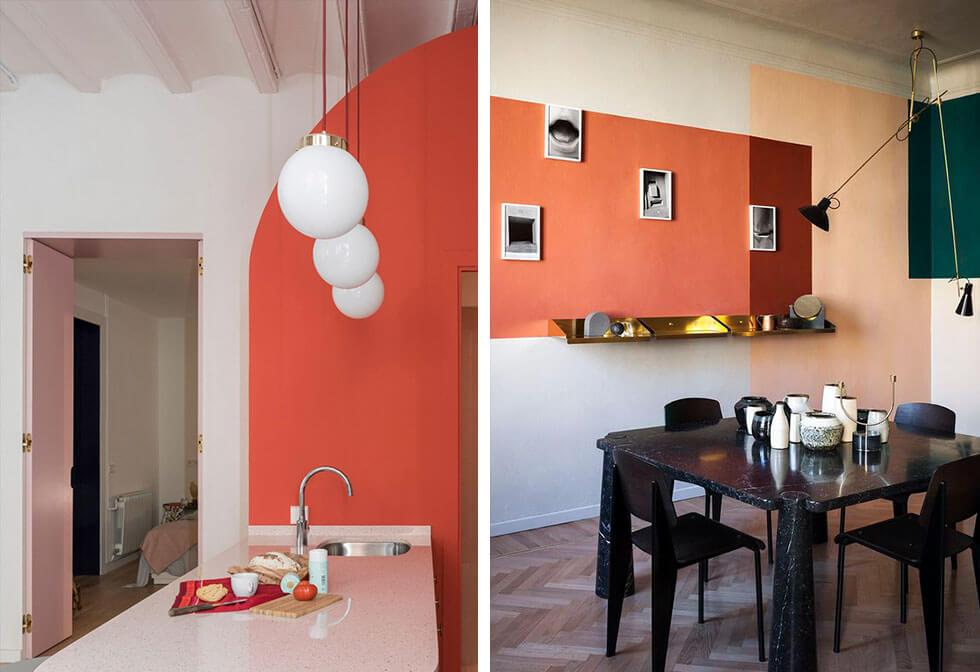 Living Coral paired with lighter pastels and darker hues.