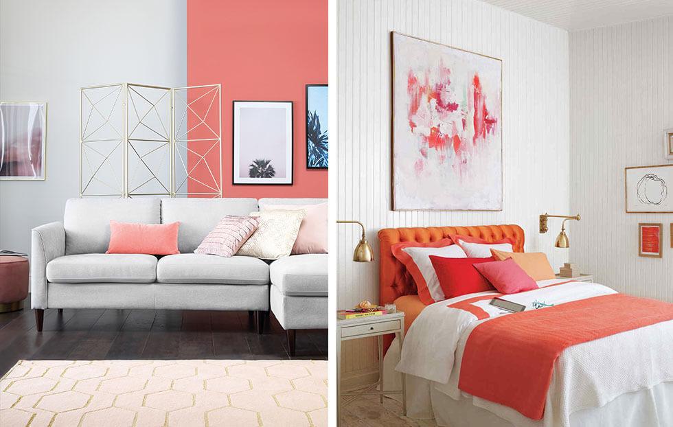A coral feature wall and a coral-themed bedroom.