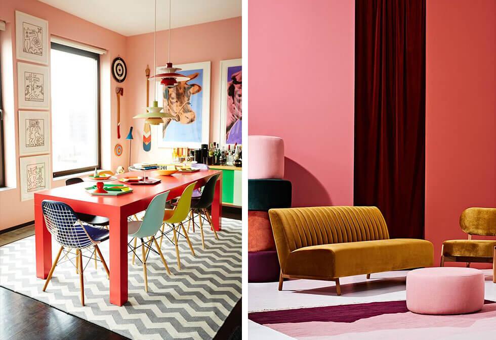 A coral table and a warm, coral living space.