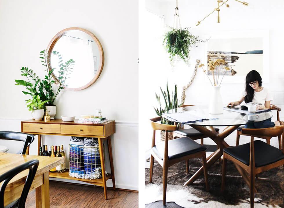 Collages of a wooden side table and a modern dining space.