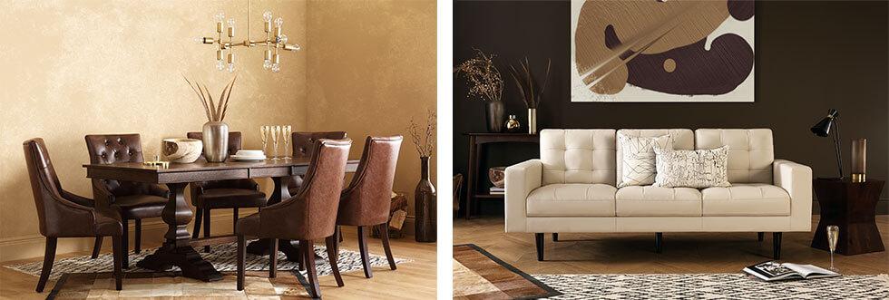 A brown-themed dining and living space.