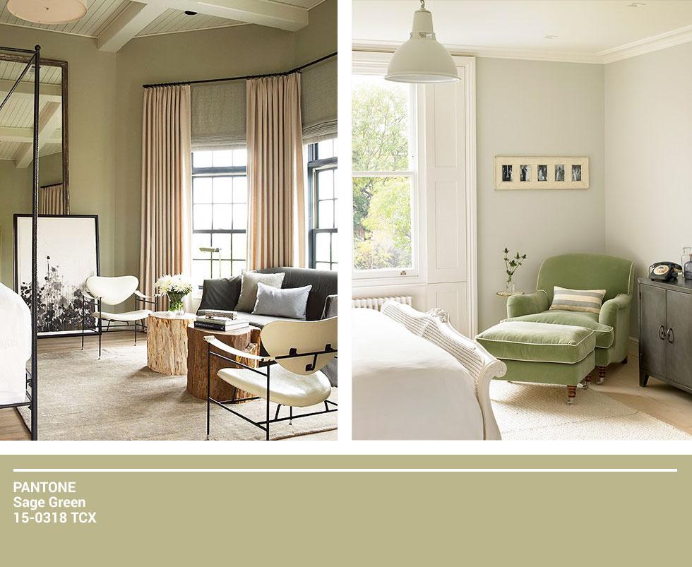 Collage of sage coloured bedrooms.