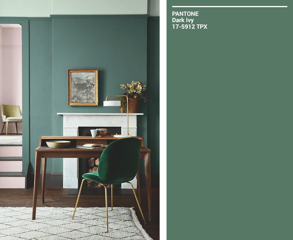 Compilation of green Pantone swatches and matching coloured room.