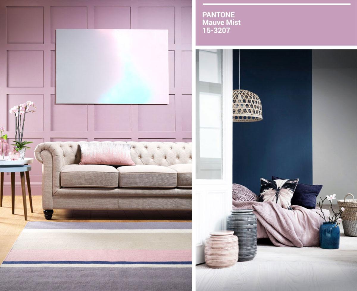 Collage of mauve decor with beige Chesterfield sofa. 