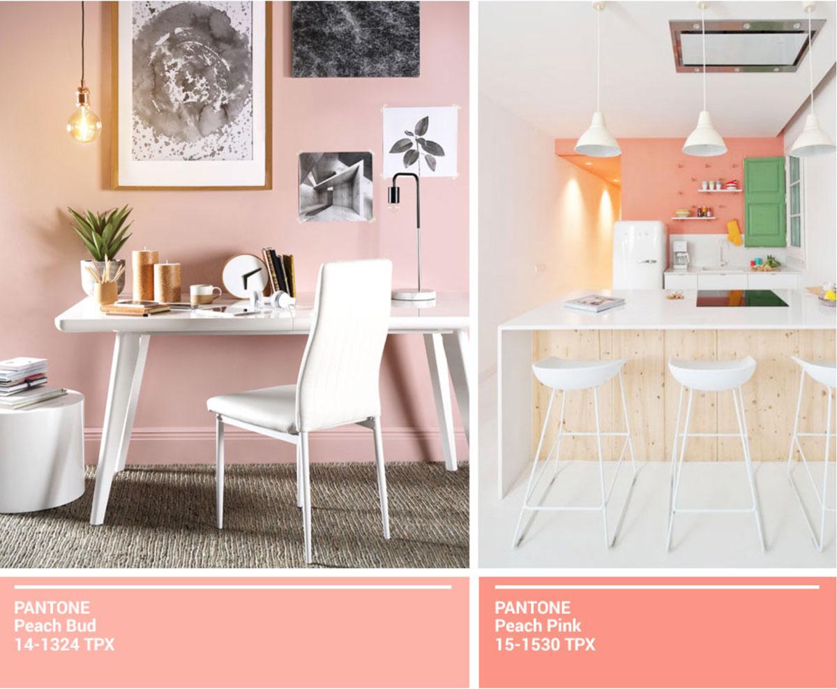 Collage of white dining sets against pale pink and coral walls.