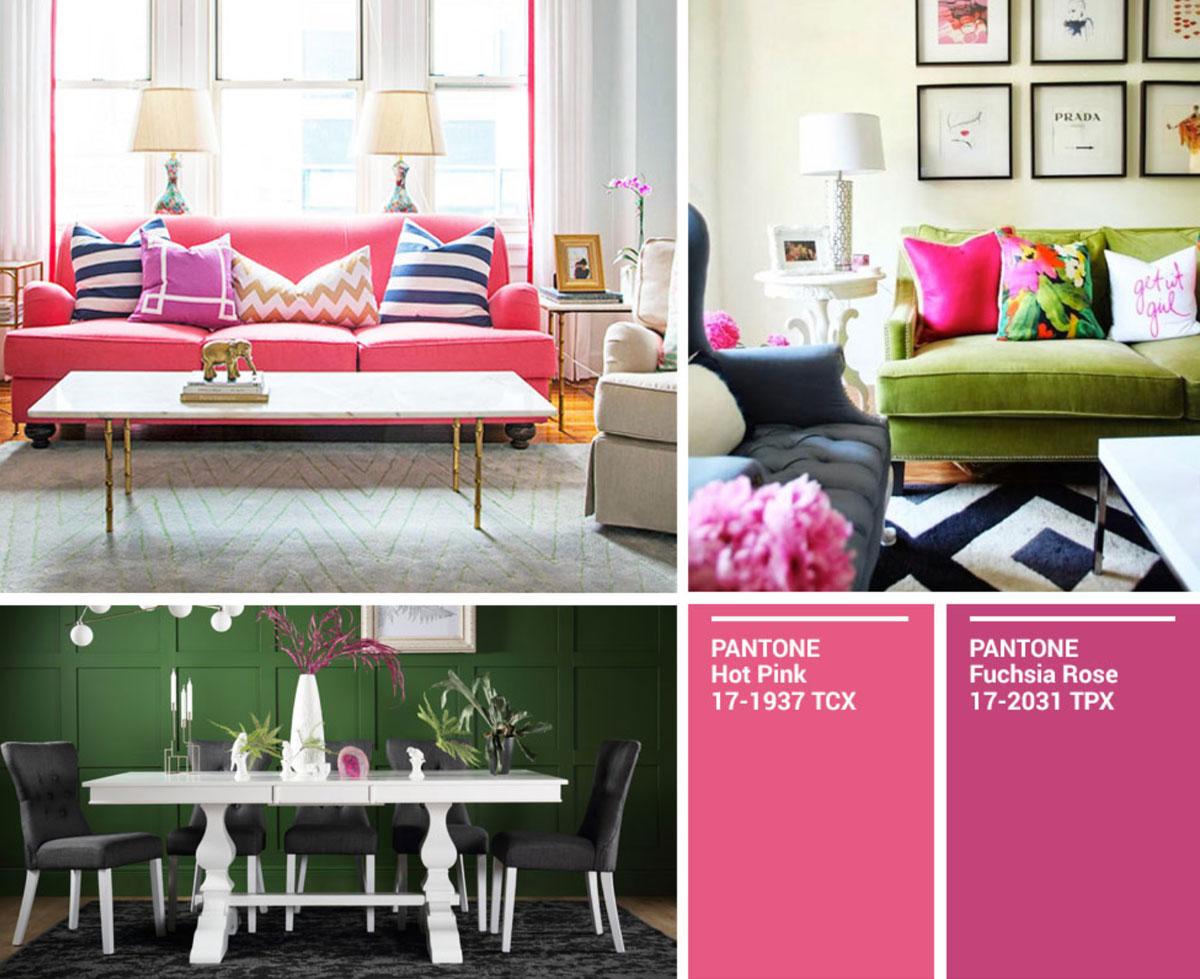 Collage of pops of pink, and pink against green. 