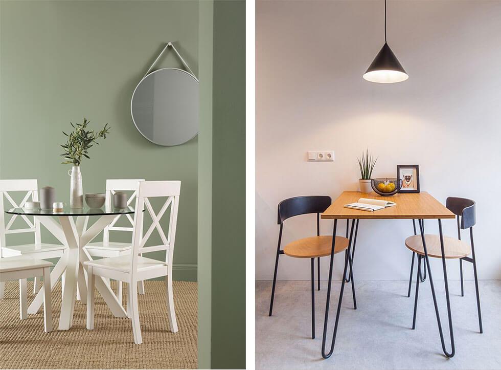 Two minimal dining rooms, one with a white dining set, another with a wood dining set.