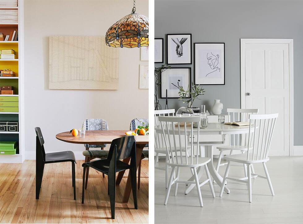 Two dining rooms with extending dining tables, one wooden and another in white, with matching chairs.