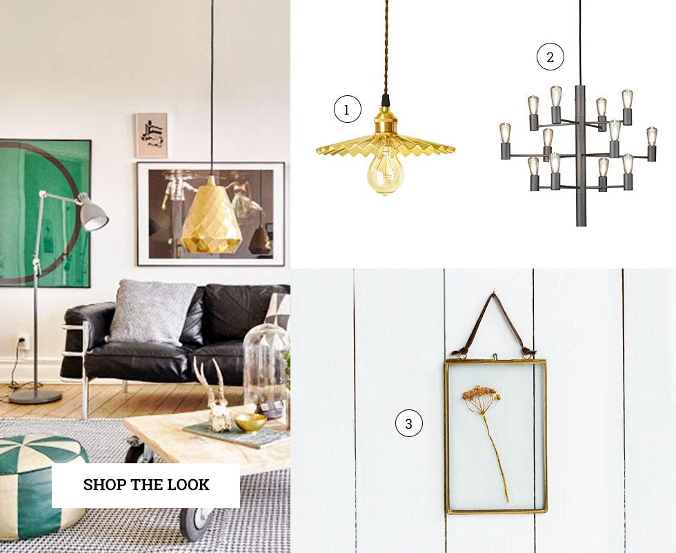 Collection of metallic accessories including lamps and a picture frame.