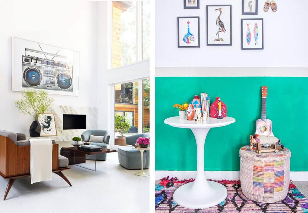 A living room with colourful and quirky elements