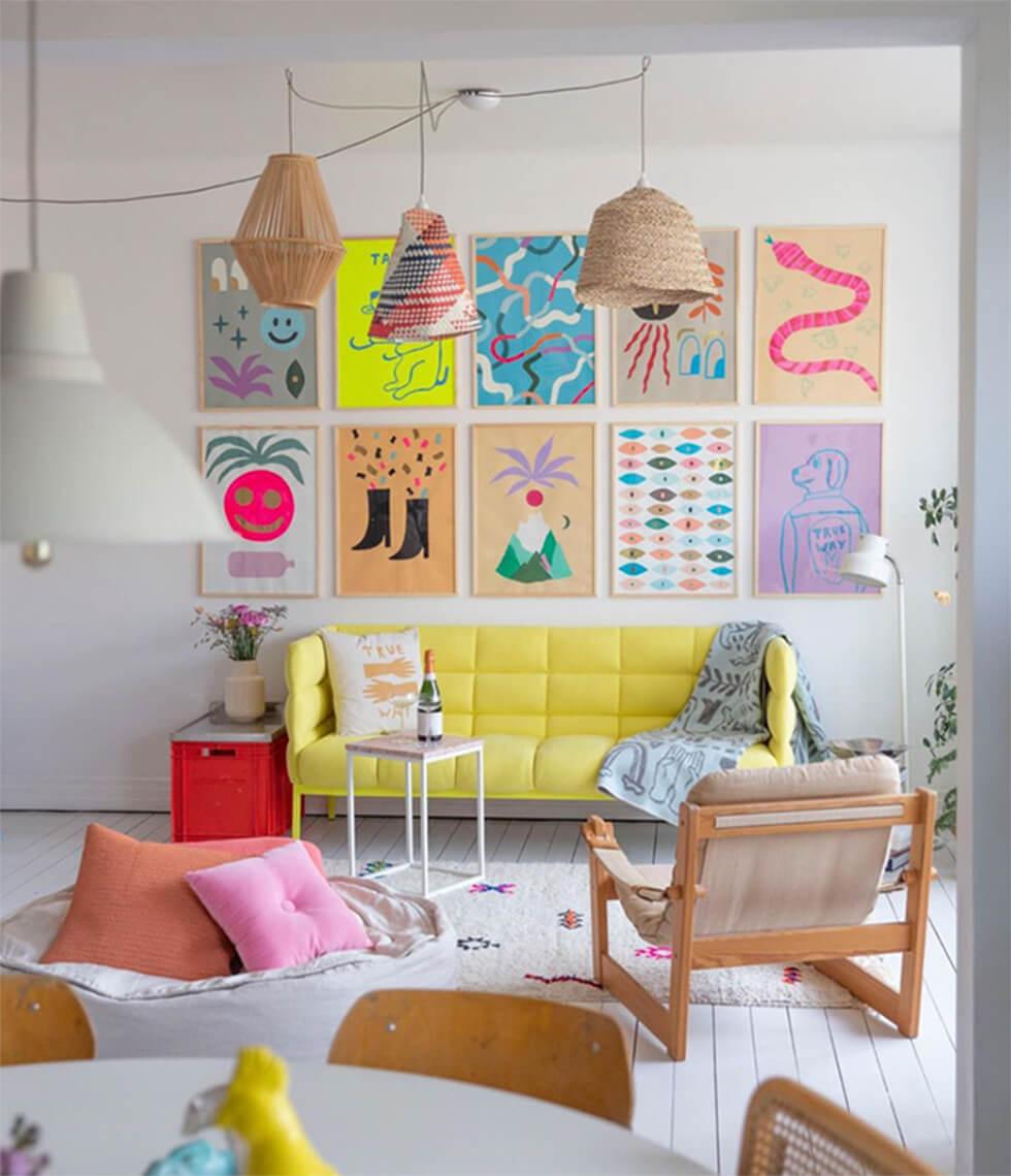 Pastel living room with yellow sofa