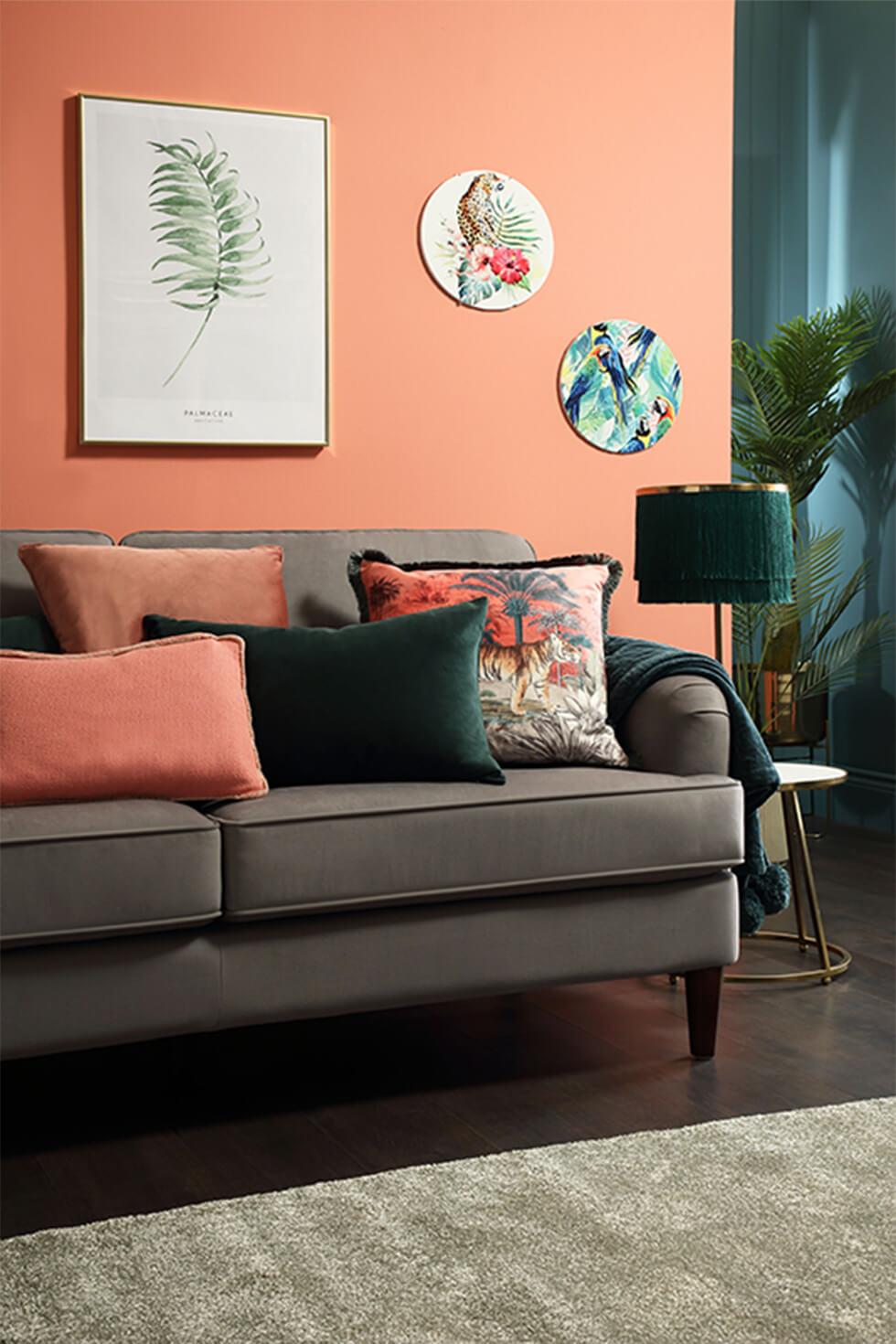 Coral living room with brown sofa