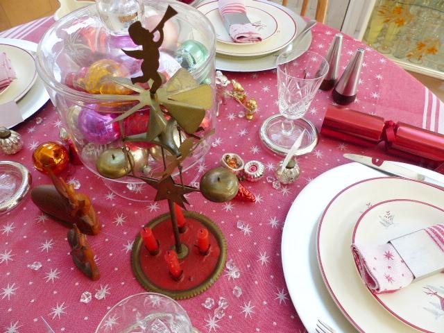 Festive dining setting, with pink table cloth.