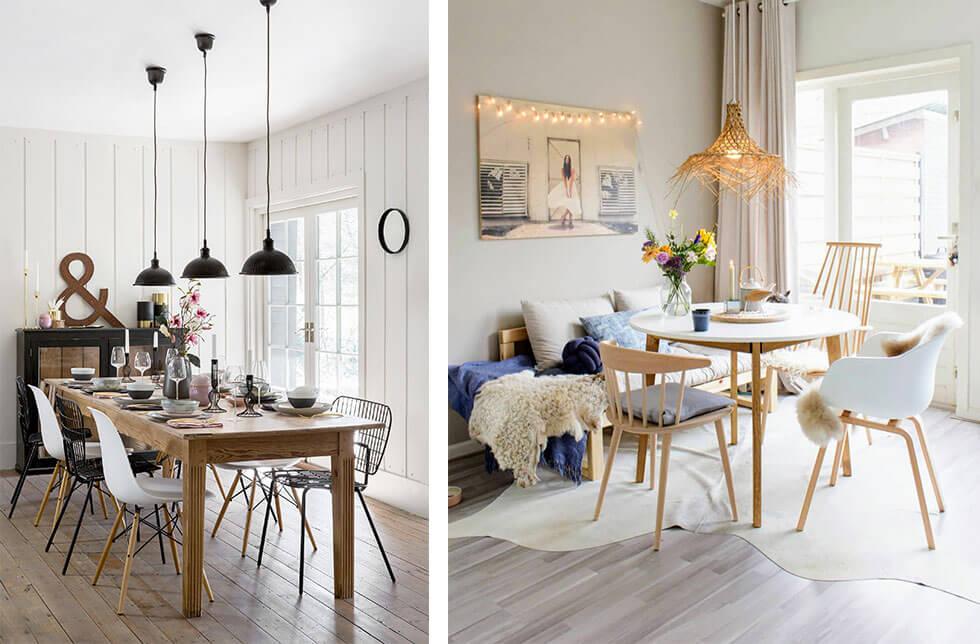 Two neutral, white wooden dining rooms with mix and match chairs