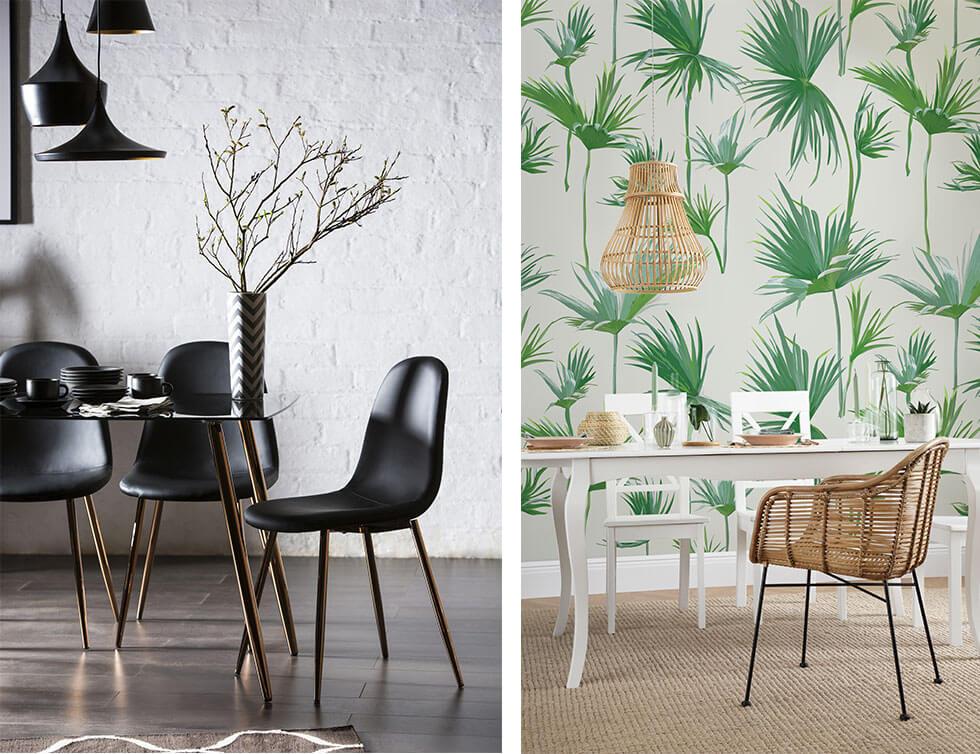 Two dining rooms, one with dining chairs that have copper legs, one with a tropical theme and a rattan chair.