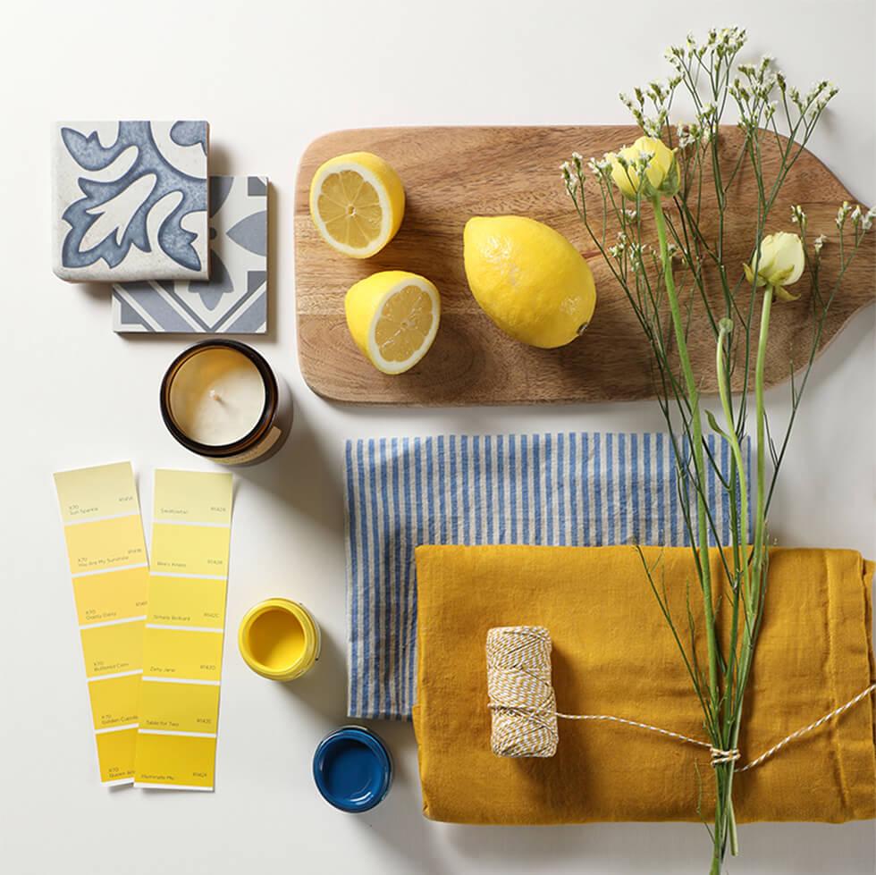 Yellow dining room flatlay decor