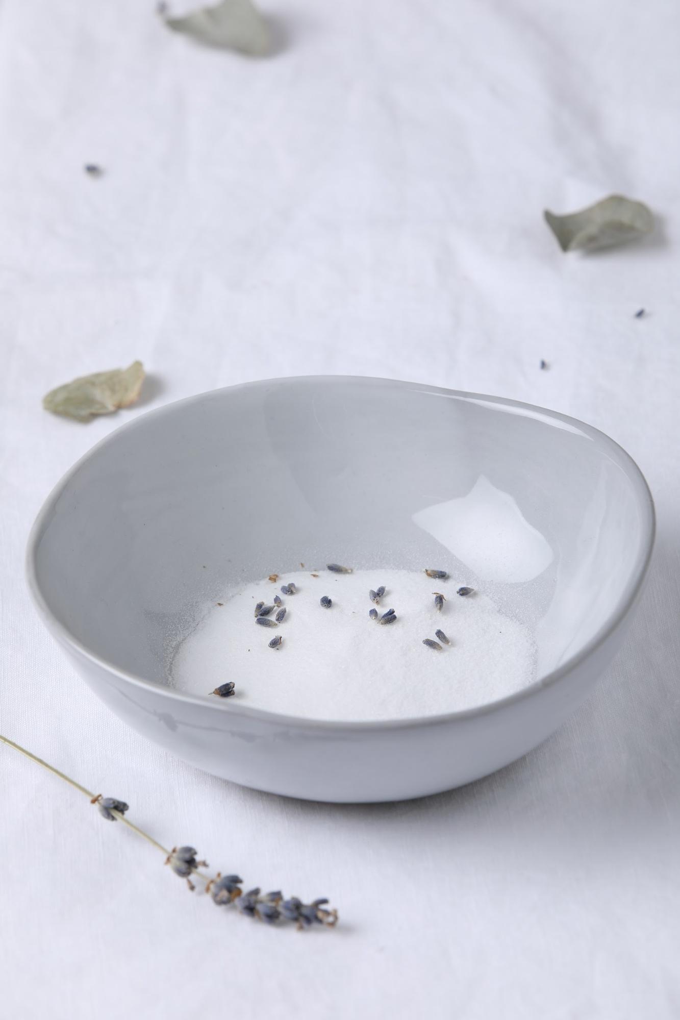 bowl with baking soda and lavender seeds